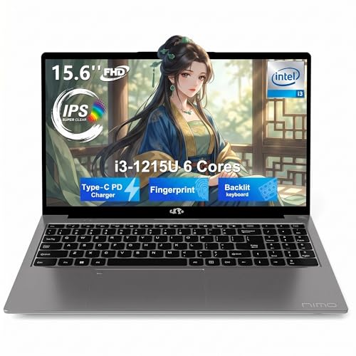 NIMO 15.6" FHD IPS Laptop, Intel Core i3-1215U (Beats i5-1135G7 Class), 16GB RAM, 512GB SSD, Windows 11 Home, Wi-Fi 6, Backlit Keyboard, Fingerprint, USB-C 65W Fast Charge, Bluetooth 5.2, 180° View - color: Gray, style: 16GB RAM | 512GB SSD