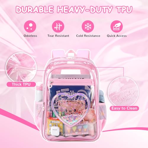 Clear Backpack for girls, 3PCS Heavy Duty Thick TPU Clear Bookbag, Transparent Bookbag Stadium Events, See Through Large Ergonomic Backpack for School Kids Women Travel Security College Concert - color: 3 Pcs Pink