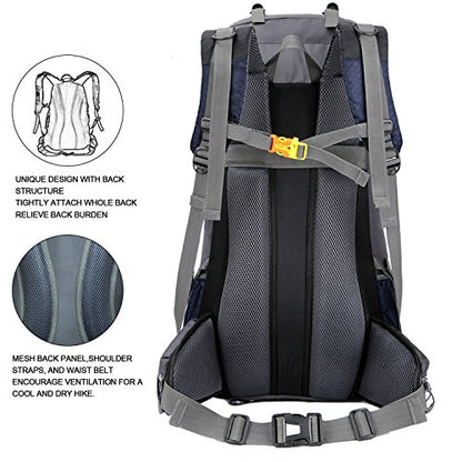 Bseash 60L Waterproof Hiking Camping Backpack with Rain Cover, Large Outdoor Sport Travel Daypack Rucksack for Climbing - color: Navy Blue