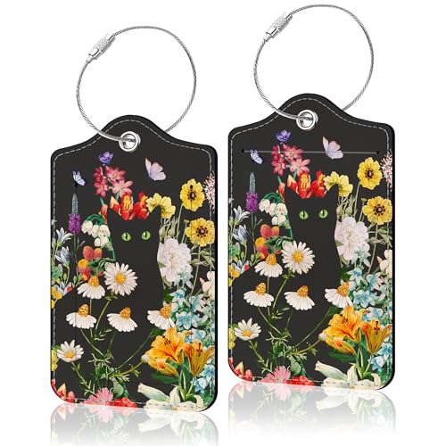 2 Pack Luggage Tag for Suitcase, Cute Unique Leather Suitcase Tags Identifiers with Privacy Name Address Labels & Durable Steel Loop for Women Men Travel - color: Black Cat Flower