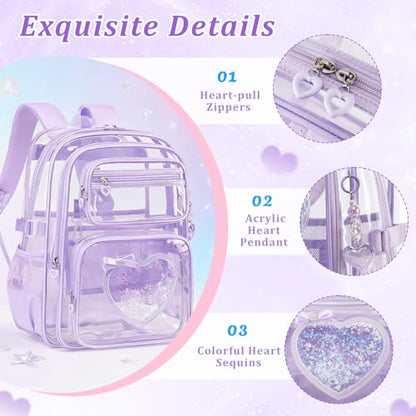 Clear Backpack for School Girls, Cute Heavy Duty PVC Transparent Bookbag, See-Through Bag for Stadium Event Purple - color: Purple