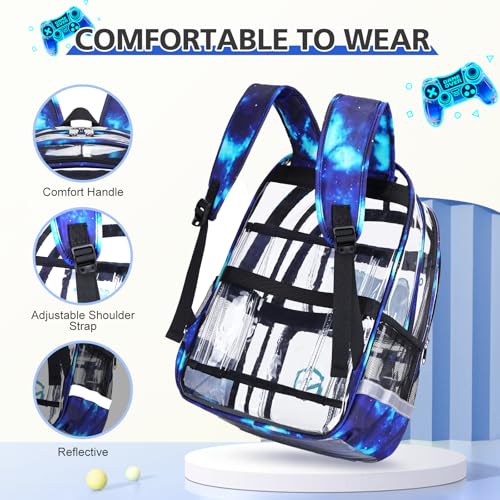 DIGOBAY 3PCS Cool Luminous Clear Backpack for Boys Kids, Gamer Clear Bookbag for School, See Through PVC Transparent Backpacks with Lunch Bag Pencil Case, Backpack Heavy Duty for School Stadium - color: Blue Galaxy