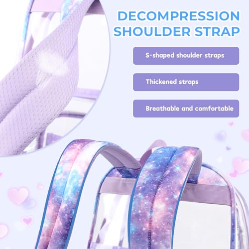 Sisipoet Clear Backpack for Girls with Starry Sky Print, Heavy Duty Transparent Bookbag for School, Stadium, and Concert, Purple - color: Purple/Starry
