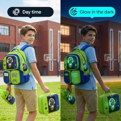 Boys Backpack, Luminous Gamer Backpack for Boys with Lunch Box,Pencil Case and Coin Puese,Kids Schoolbag Bookbag for Teen Boy Elementary Middle High School Travel - color: Green