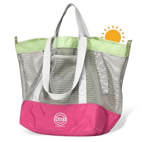 STOVER Extra Large Mesh Beach Bag, Vacation, Pool, Shopping & Travel Tote - Foldable w/Storage Pouch & Pockets for Women, Men - color: 01 - Seaside Pink