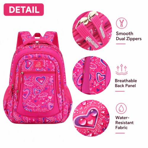 MYGOO Girls School Backpack Vineyard Heart Pink Bookbag for Elementary Middle School Ages 5-12, 17 inch Large Capacity 24L Kids Student Travel Bags - color: Vineyard Heart Pink