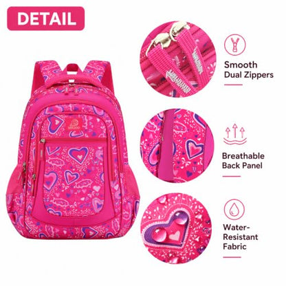 MYGOO Girls School Backpack Vineyard Heart Pink Bookbag for Elementary Middle School Ages 5-12, 17 inch Large Capacity 24L Kids Student Travel Bags - color: Vineyard Heart Pink