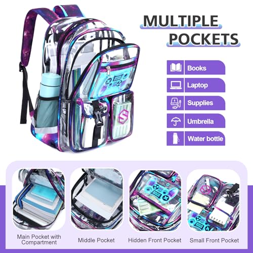 DIGOBAY 3PCS Cool Luminous Clear Backpack for Boys Kids, Gamer Clear Bookbag for School, See Through PVC Transparent Backpacks with Lunch Bag Pencil Case, Backpack Heavy Duty for School Stadium - color: Black-purple Galaxy