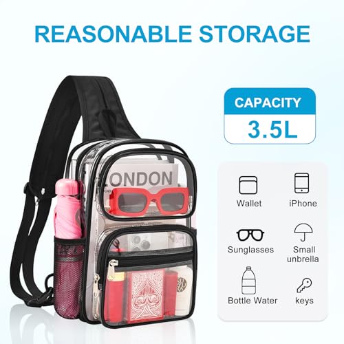 Busiuw Clear Backpack for Stadium Events 3 in 1 Clear Sling Crossbody Bag with Adjustable Reinforced Straps for Sports Fan, Concert Festivals and Games (Black)
