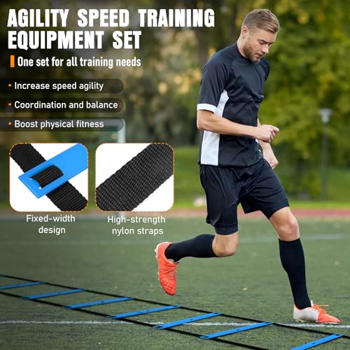 MUROZA Agility Ladder, Agility Speed Training Equipment Set, 20ft Speed Ladder, 12 Soccer Cones, 4 Hurdles, Jump Rope, Running Parachute, Soccer Football Basketball Training Equipment Accessories - color: Blue