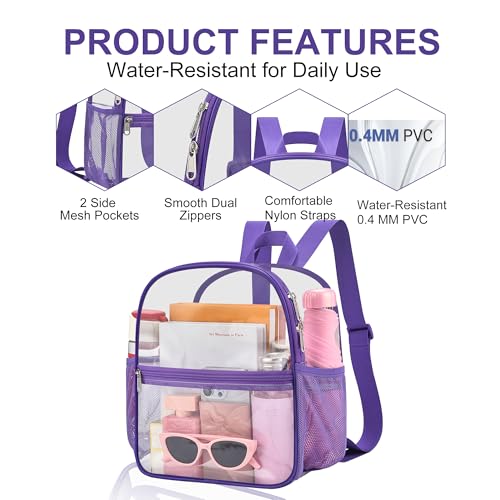 Oraben Clear Backpack Stadium Approved, 12 x 6 x 11 in, Small Transparent Backpack for Concerts, Sports Events, Festivals, Travel, Waterproof PVC, Adjustable Straps, Women Men - color: Purple, style: Nylon Shoulder Straps