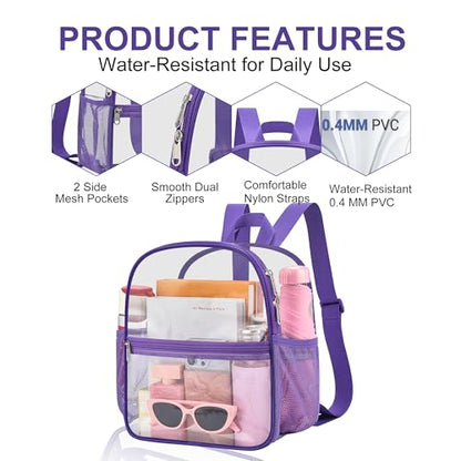 Oraben Clear Backpack Stadium Approved, 12 x 6 x 11 in, Small Transparent Backpack for Concerts, Sports Events, Festivals, Travel, Waterproof PVC, Adjustable Straps, Women Men - color: Purple, style: Nylon Shoulder Straps