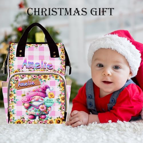 Custom Diaper Bag with Name, Christmas Personalized School Bag Flower Print, Monogram Nappy Backpack with Thermal Pockets for Adults Kids, Large Capacity Waterproof Diaper Bag Xmas Gift - color: A-color-3