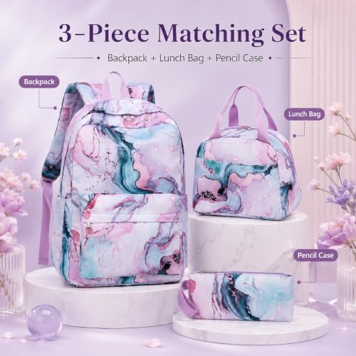 Bluboon Teens Backpack Set Girls School Backpack Lunch Box Pencil Bags Student Bookbags 3 in 1 (Green Marble) - color: Green Marble