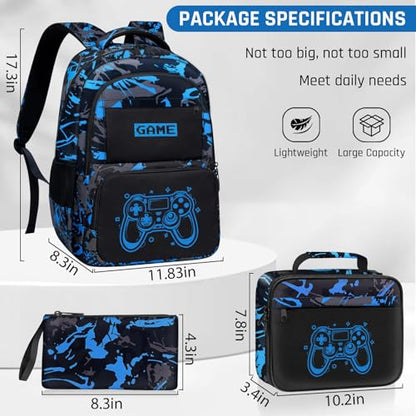 Glow in The Dark Backpack for Boys - 3pcs Game Boys Backpack for Kids Children Teens Elementary Middle School - 17″ Gamer Bookbag Travel Back Pack for Age 6-18 - color: Game002-backpack Set