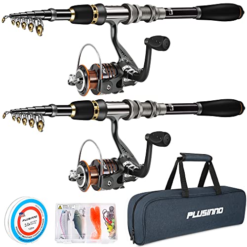 PLUSINNO Fishing Rod, Telescopic Fishing Rod and Reel Combo, Collapsible Travel Fishing Pole Rod Starter Kit, Carbon Fiber Fishing Rods and 12 +1 Bearings Stainless Steel, Fishing Gifts for Men Adults - color: 2PACK Full Kit with Carrier Case, size: 2.7m