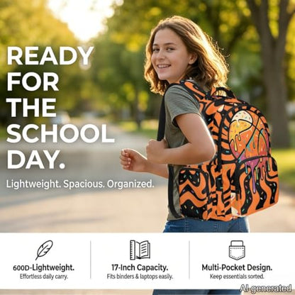 Suobstales Basketball Drip Print Kids School Backpack Casual Travel Daypack School Bookbag Backpack for Teens Boys Girls Lightweight Middle School Backpack with Adjustable Padded Straps - color: Basketball Drip