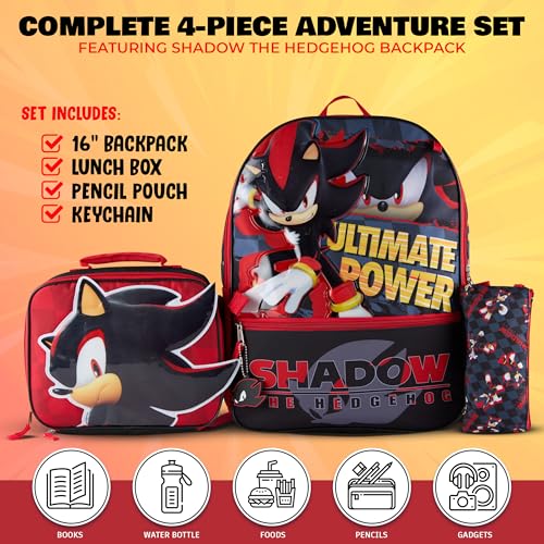 AI ACCESSORY INNOVATIONS Sonic the Hedgehog 5 PC Backpack Set for Girls & Boys, 16” Book Bag Featuring Shadow The Hedgehog, Black - color: Shadow The Hedgehog
