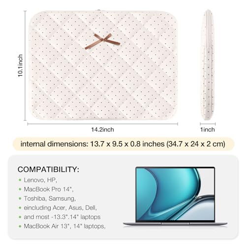 Cute Bow Laptop Sleeve 14 Inch for 14" MacBook, Puffy Quilted Laptop Case Computer Cover for 14" MacBook, Hp, Dell, Lenovo, Acer, Chromebook - size: 14 inch