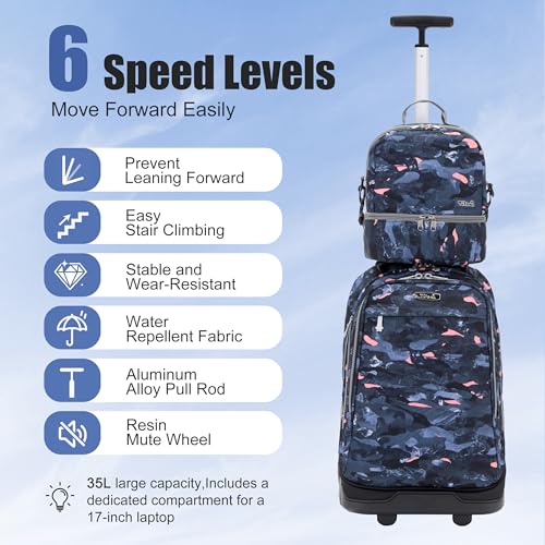 NEW TILAMI 19 Inch Rolling Backpack with Lunch Bag for Girls Boys Wheeled Laptop Backpack Durable Carry-on Bag School Travel, Doodle Grey - color: Doodle Grey