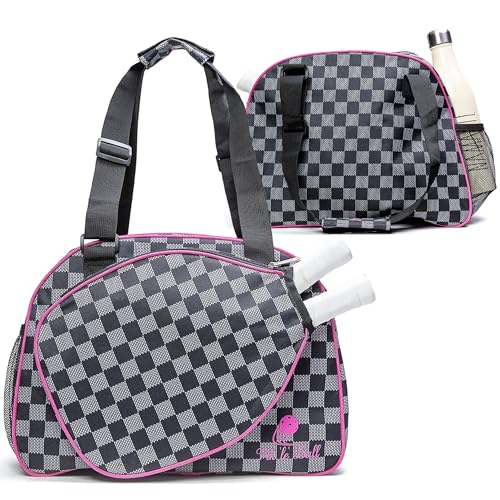 Pik’le’Ball Sport Premium Women's Pickleball Bag – Stylish and Versatile Sports Bag with Water Bottle Holder, Padded Paddle Pocket, and Spacious Design (fits 2+ Paddles!) - color: Checkered Chic Black