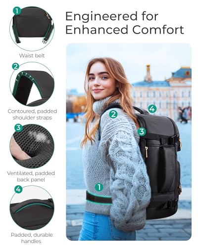 BAGSMART Womens Backpack Carry On Flight Approved, Travel Backpack for Women with Waist Bag, Traveling Lightweight Weekender Casual Daypack 17.3" Laptop Work Back pack Personal Item Travel Bag, Black - color: Black