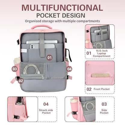 Carry On Backpack for Women & Men – Airline Approved Underseat Size, 15.6" Laptop Compartment, TSA-Friendly 180° Opening, Anti-Theft Business Travel Backpack with Trolley Sleeve (Pink, Large) - color: Pink, size: Large