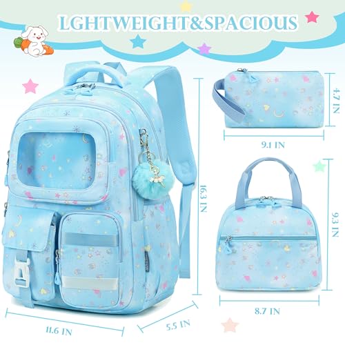 AO ALI VICTORY Backpack for Girls with Lunch Bag Pencil Case Kids School Bags for Kindergarten Elementary Middle Primary Schoolbag Cute 16 inch Laptop Bookbag Students 3 PCS Cute Bookbag, Blue Set - color: Blue Set