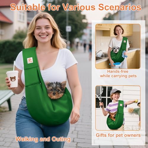 Tomkas Small Dog Cat Sling Carrier Puppy Purse Travel Wrap Soft Crossbody Pet Bag (Emerald Green, M - Zip Pocket & Adjust Strap) - color: Emerald Green