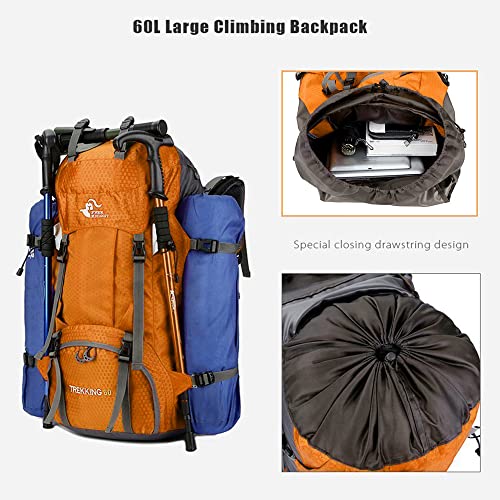 Bseash 60L Waterproof Hiking Camping Backpack with Rain Cover, Large Outdoor Sport Travel Daypack Rucksack for Climbing - color: Gold