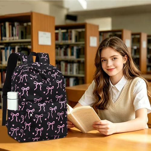 LEDAOU School Backpack for Teen Girls - 15.6 Inch Laptop Backpack, Cute Bow Aesthetic Bookbag, Lightweight Water Resistant Daypack for Middle High School, College and Travel, Black - color: A-black Bow Tie