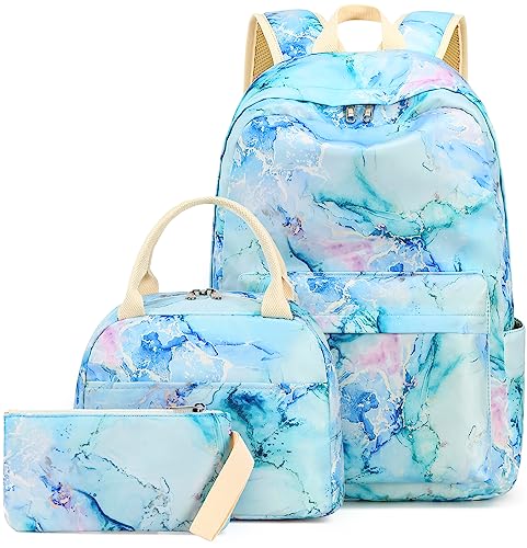 LEDAOU Backpack for Girls School Bag Kids Bookbag Teen Backpack Set Daypack with Lunch Bag and Pencil Case | Kids - color: Marble Purple Blue Green