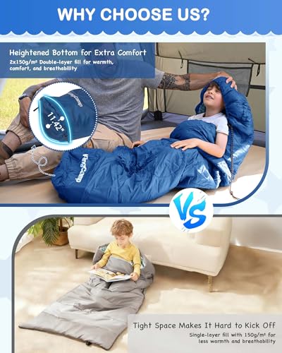 KingCamp 45°F Kids Sleeping Bag, Lightweight Waterproof & Compact Flannel Sleeping Bags Cold Weather & Warm Youth Essentials Gear Accessories for Camping, Fits 10-12 Children up to 4'7"-5'5" Tall - color: Mummy 8.6°F ~42.8°F Navy