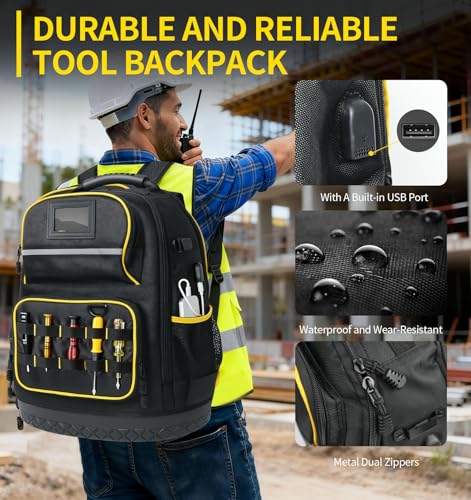 Tool Backpack, Heavy-Duty Tool Organizer Bag for Men Dad Gift, Water-Resistant Technician Tool Carrier w/ Molded Base, Laptop Storage, Backpack for Electricians HVAC Construction Repairman Home Repair