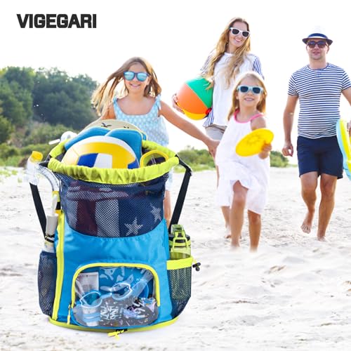 Mesh Drawstring Backpack with Shoe Compartment, Sandproof Beach Swim Bag with Wet Pocket, Pool Gym Shower Bag for Travel Summer Camp - color: Blue - Neon Yellow, style: Style a