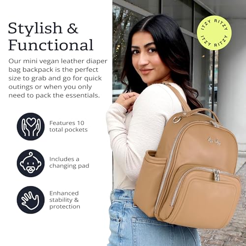 Itzy Ritzy Mini Diaper Bag Backpack – Chic, Compact Mini Plus Backpack with Changing Pad, 10 Pockets (6 Internal, 4 External), Grab-Top Handle & Rubber Feet (Chai) - color: Chai - Plus