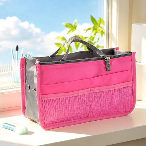 1 Piece Purse Organizer Insert, Foldable Bag in Bag Organizer, Multi-Pocket Tote Organizer, with Handheld Design, for Digital Accessories, Cosmetics (Rose Red) - color: Rose Red