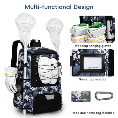 KAVIGOR Lacrosse Bag 65L, Extra Large Lacrosse Gear Backpack with Multi-Pocket Design, Helmet Holder & Ventilated Shoe Compartment - color: Camo Blue