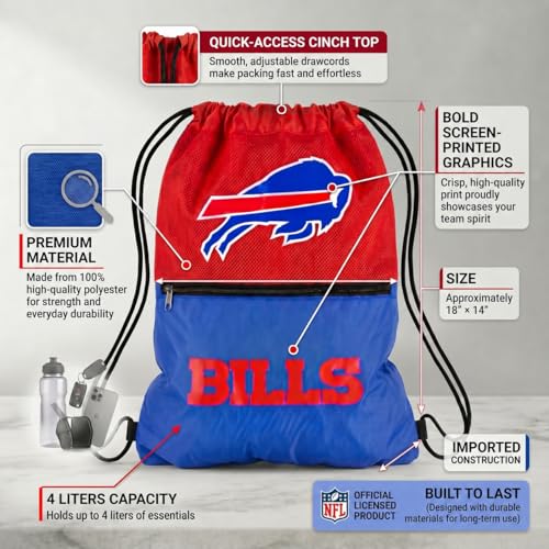 FOCO Buffalo Bills Big Logo Drawstring Backpack with Zippered Pocket – Limited Edition Bills Bag – NFL Gear – Show Your Team Spirit with Officially Licensed Baltimore Ravens Fan Gear - color: Buffalo Bills