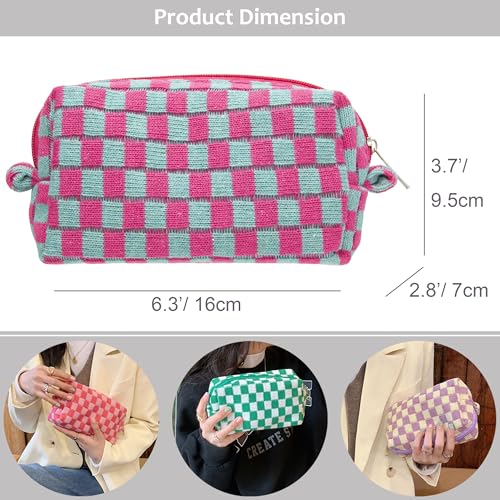 Checkered Makeup Bag for Purse, Small Travel Cosmetic Pouch,Magenta Green - color: Magenta Green