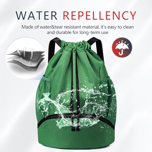 PinCute Drawstring Backpack for Women Men, Gym Bag for Soccer, Basketball, Swim, Beach, Water-Resistant Sports Backpack with Wet Pocket and Shoe Compartment, Dark Green - color: Dark Green