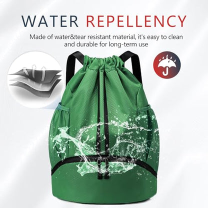 PinCute Drawstring Backpack for Women Men, Gym Bag for Soccer, Basketball, Swim, Beach, Water-Resistant Sports Backpack with Wet Pocket and Shoe Compartment, Dark Green - color: Dark Green