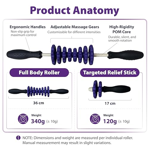 ONIPAX 3-in-1 Muscle Roller Stick, Manual Massage Tool with 8 Adjustable Gears & POM Core, Customizable Deep Tissue Relief for Neck, Back, and Calves, Portable Post-Workout Recovery (Purple)