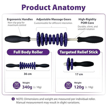 ONIPAX 3-in-1 Muscle Roller Stick, Manual Massage Tool with 8 Adjustable Gears & POM Core, Customizable Deep Tissue Relief for Neck, Back, and Calves, Portable Post-Workout Recovery (Purple)