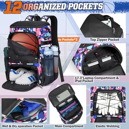 RAINSMORE Basketball Backpack 45L Basketball Bag with Separate Ball Holder & Shoes Compartment Water Resistant Sports Bag Basketball Equipment Bags Fit Volleyball, Soccer, Swim, Gym, Travel - color: Camouflage Pink