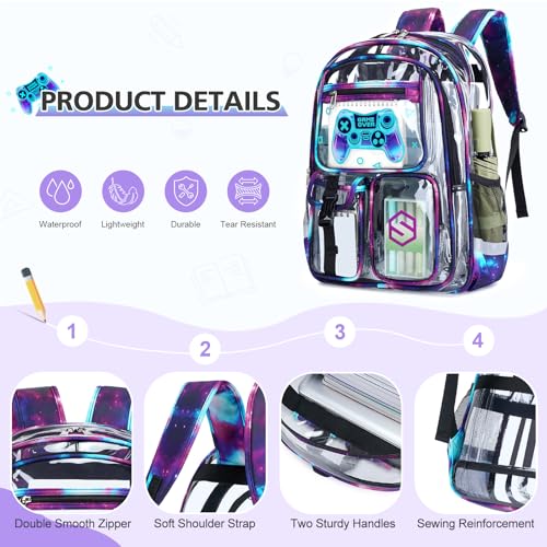 DIGOBAY 3PCS Cool Luminous Clear Backpack for Boys Kids, Gamer Clear Bookbag for School, See Through PVC Transparent Backpacks with Lunch Bag Pencil Case, Backpack Heavy Duty for School Stadium - color: Black-purple Galaxy