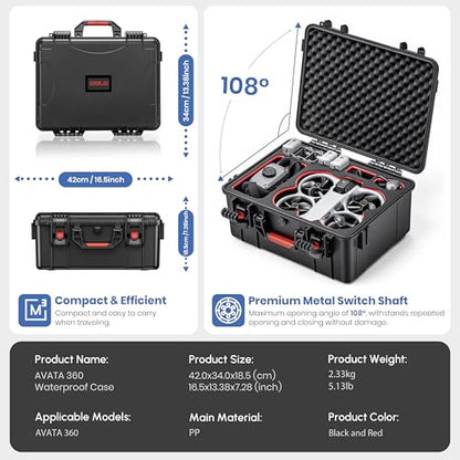 Waterproof Hard Case for DJI Avata 360 Combo, Shockproof Travel Storage Box with Custom Foam for Drone, RC2, G-N3 Goggles, Motion Controller, Charger Hub (Only Case)