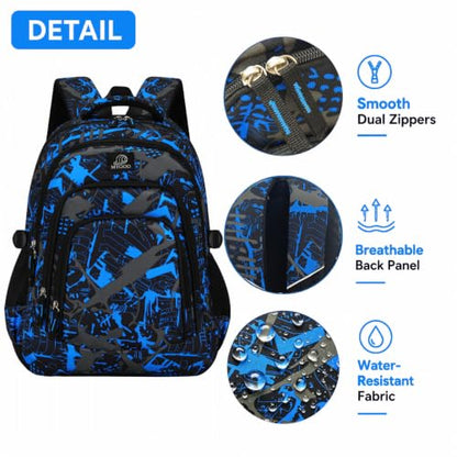 MYGOO Boys School Backpack Archibald Camo Blue Bookbag for Elementary Middle School Ages 5-12, 17 inch Large Capacity 24L Kids Student Travel Bags - color: Archibald Camo Blue