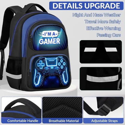 School Backpack for Boys - 3pcs Gamer Boys Backpack with Lunch Box Set for Kids Teens Elementary Middle School - 17″ Video Game Bookbag Travel Back Pack for Age 6-18 - color: Gamer Blue-backpack Set