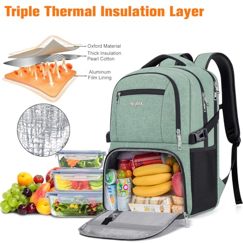Insulated Lunch Backpack Fit 17" Laptop, Work Backpack with Lunch Box for Men & Women, Water Resistant College Computer Bag for Travel, Business, Hiking - color: Green